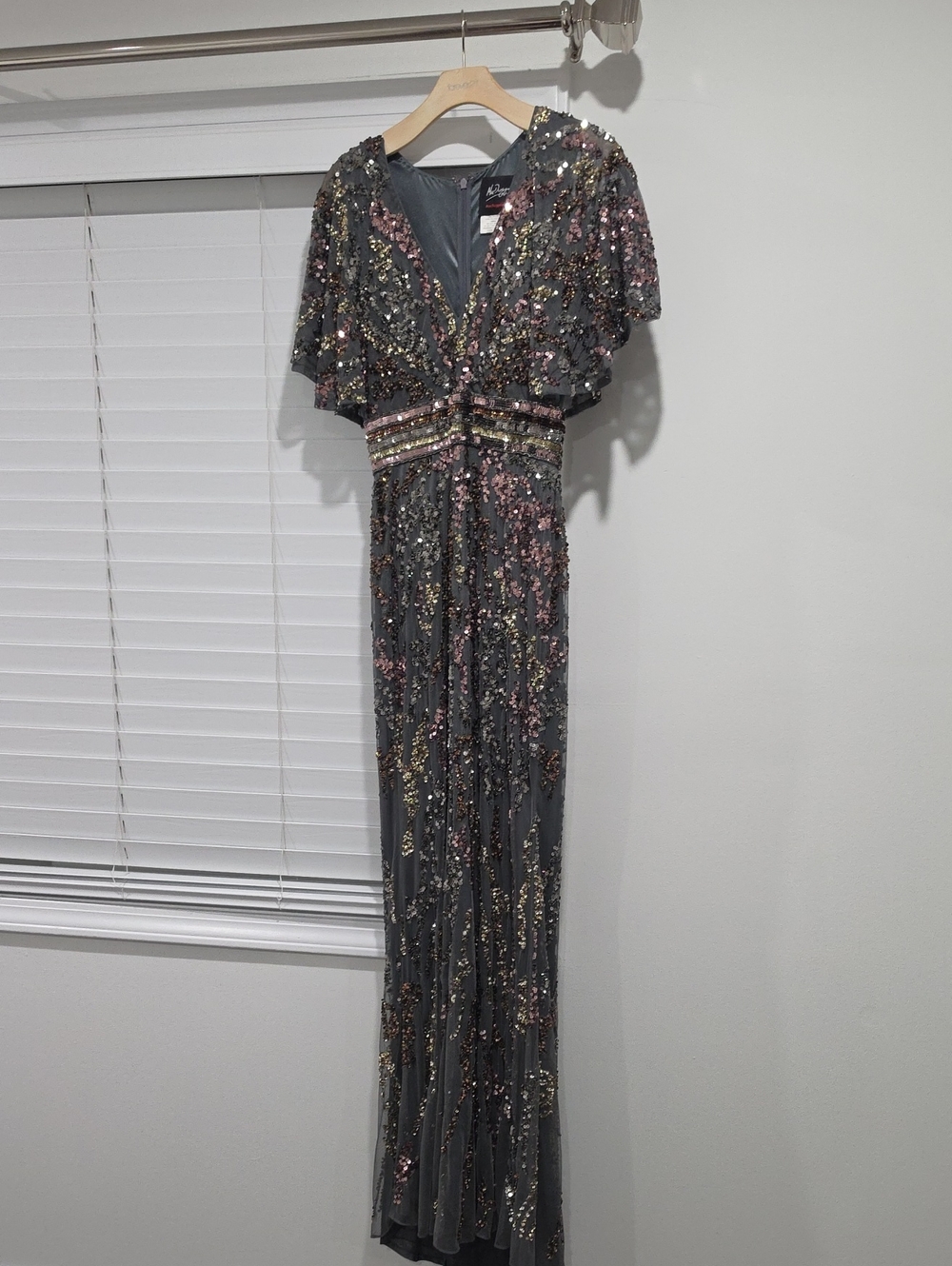 Mac Duggal Gray Sequin Maxi Gown with Gold and Rose Accents
